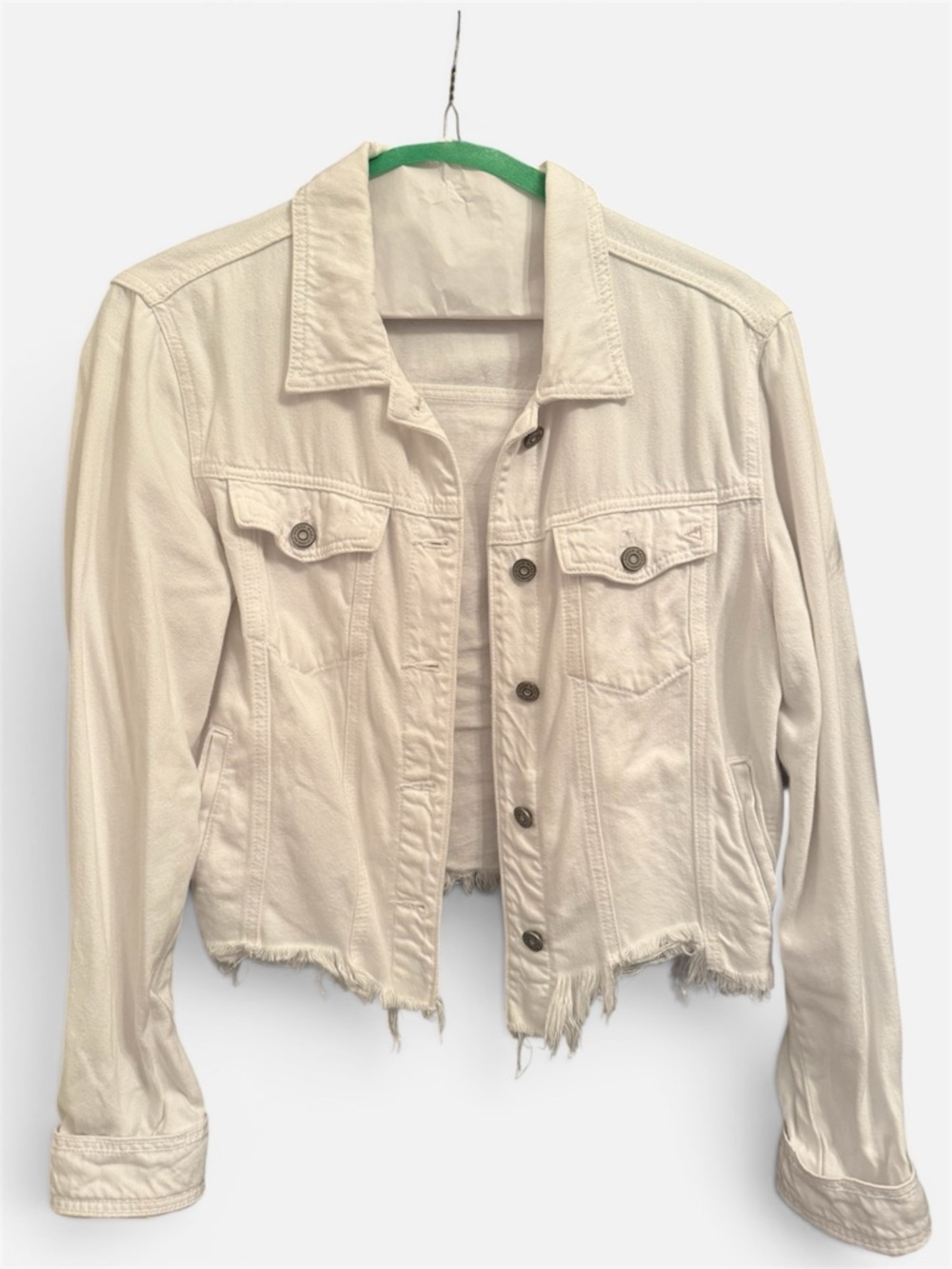 Cropped White Distressed Denim Jacket - Women's